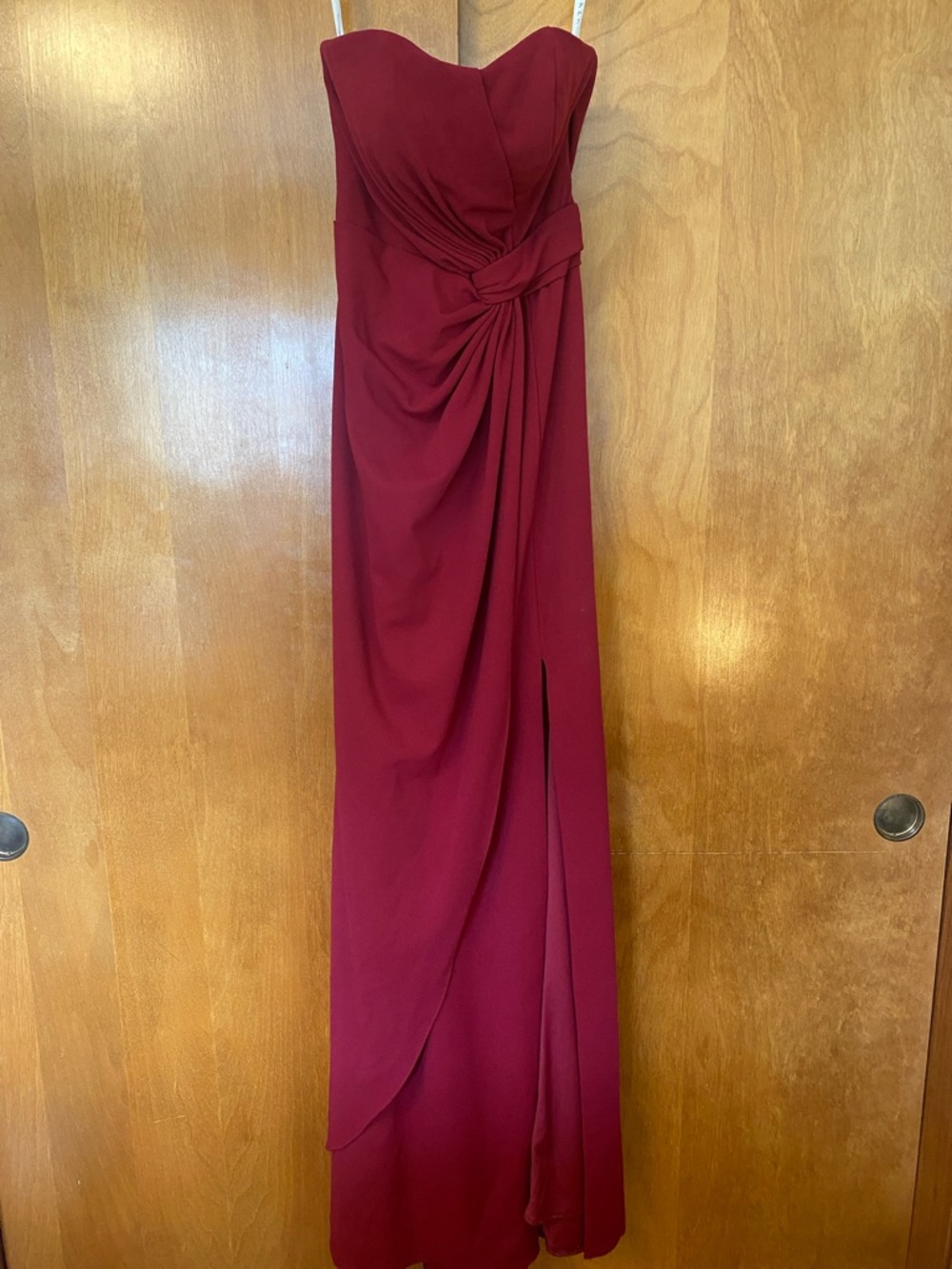 Azazie Strapless Burgundy Formal Gown with Side Knot
